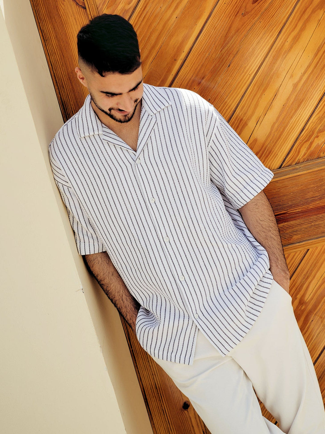 Zhivago Men Men Linen Shirt White Buttoned Narrow Striped Shirt