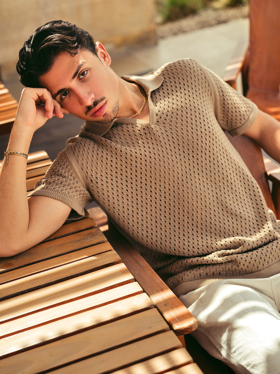 Zhivago Men Men Polo Shirt Beige Crochet Polo Shirt