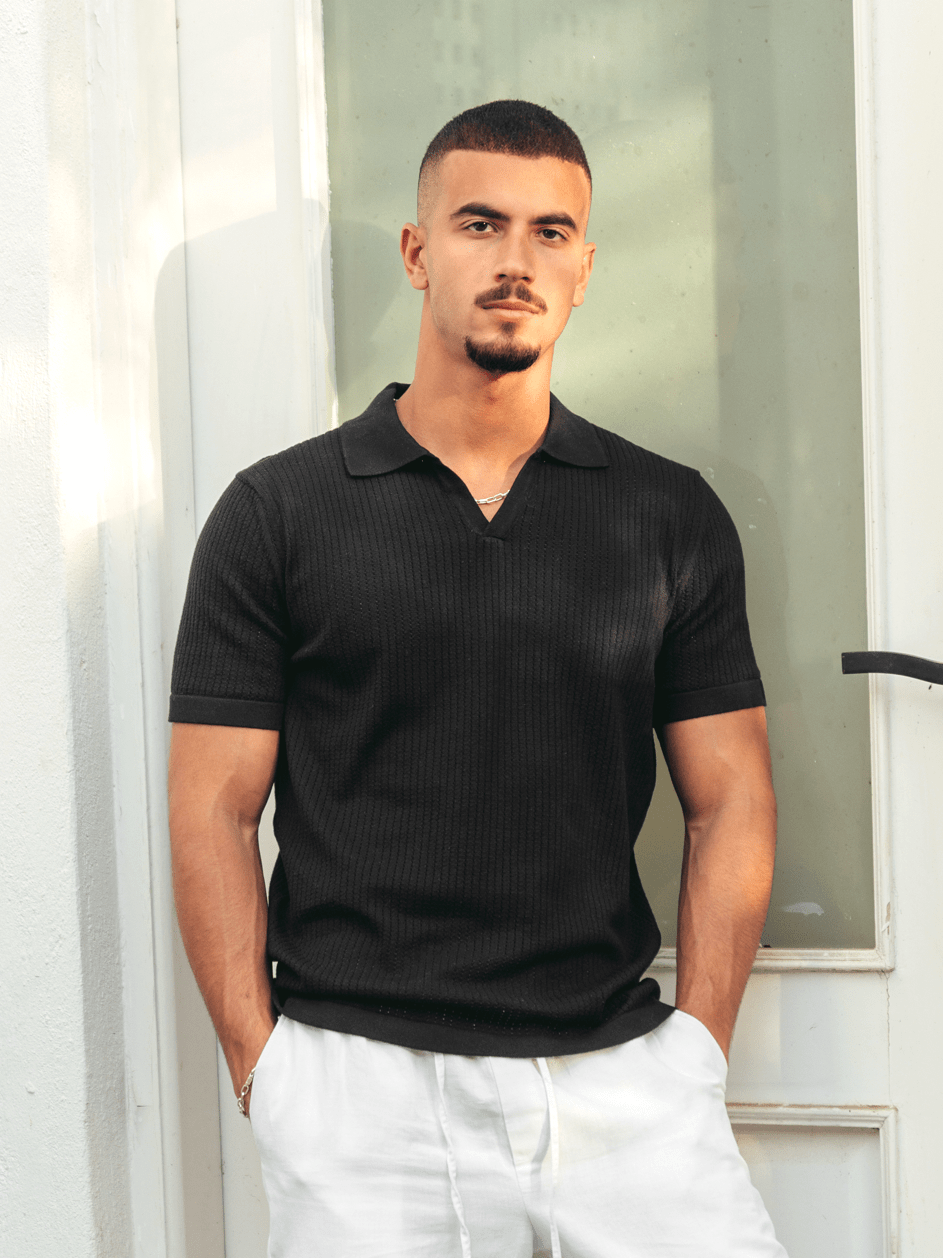 Black Open Knit Polo Shirt – Zhivago