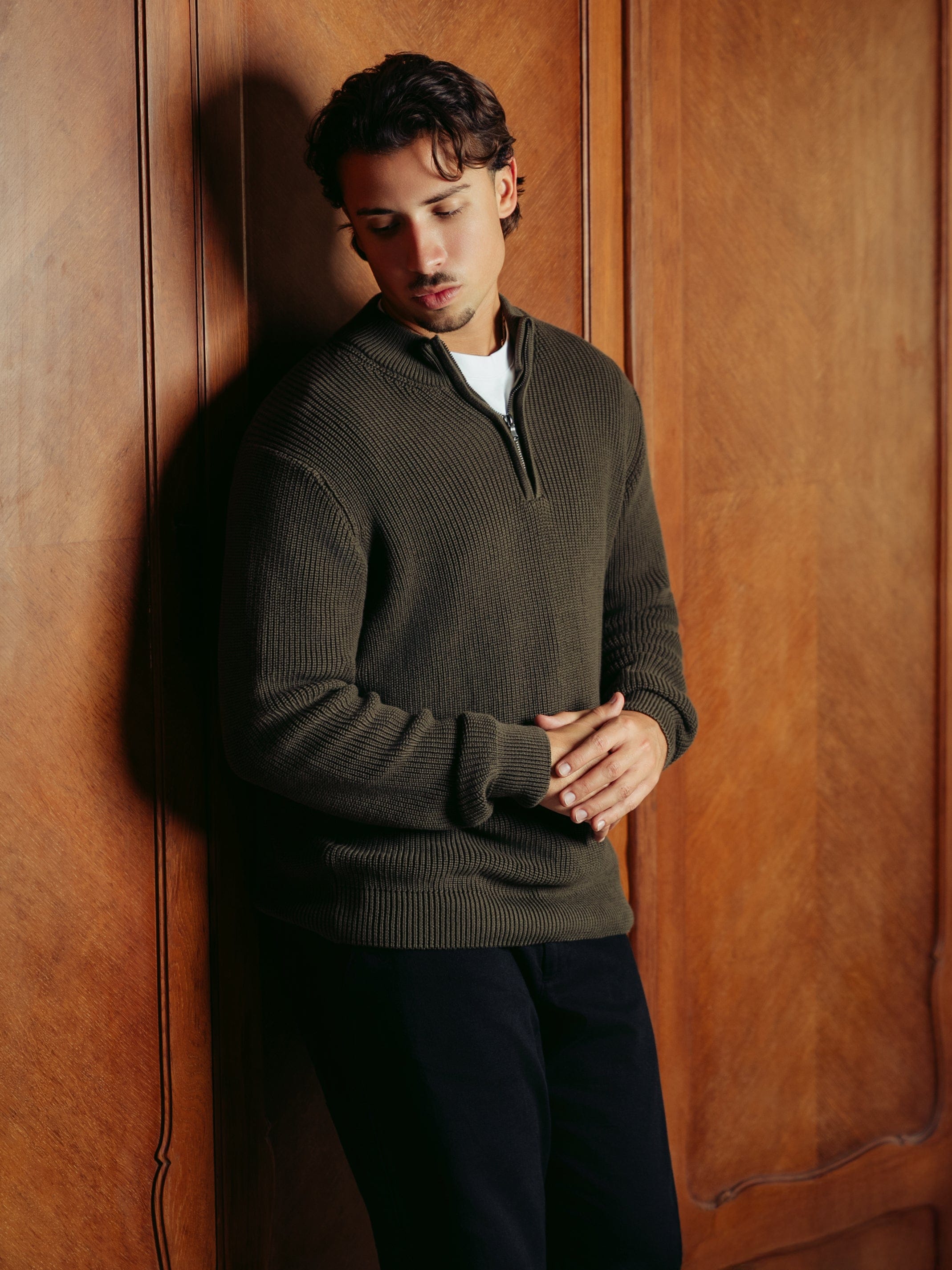 Olive Green Quarter-Zip Knit Sweater – Zhivago