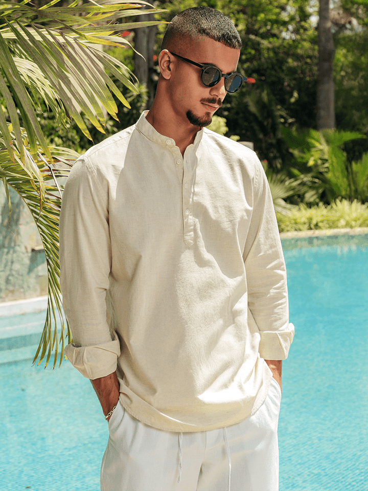 Zhivago Men Men Linen Shirt Beige Half Buttoned Linen Shirt