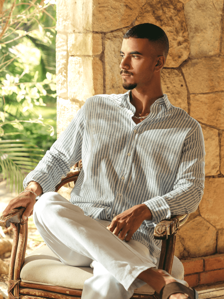 Zhivago Men Men Linen Shirt Blue Striped Linen Shirt