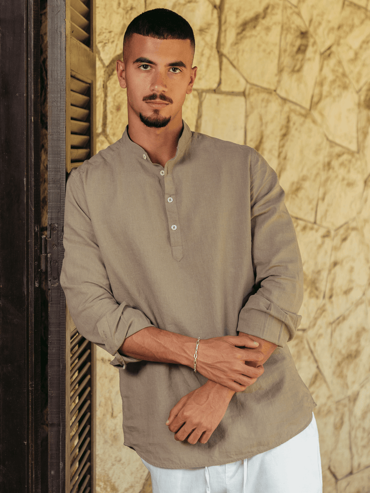 Zhivago Men Men Linen Shirt Brown Half Buttoned Linen Shirt