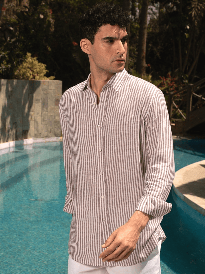 Zhivago Men Men Linen Shirt Brown Striped Linen Shirt