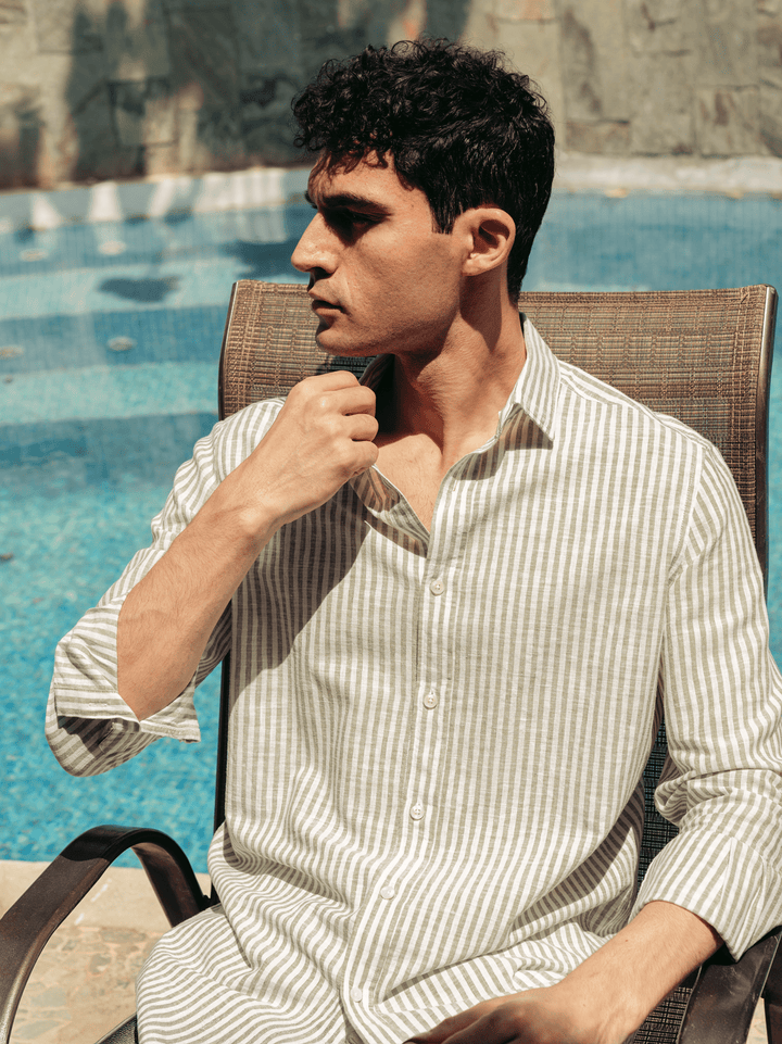 Zhivago Men Men Linen Shirt Green Striped Linen Shirt