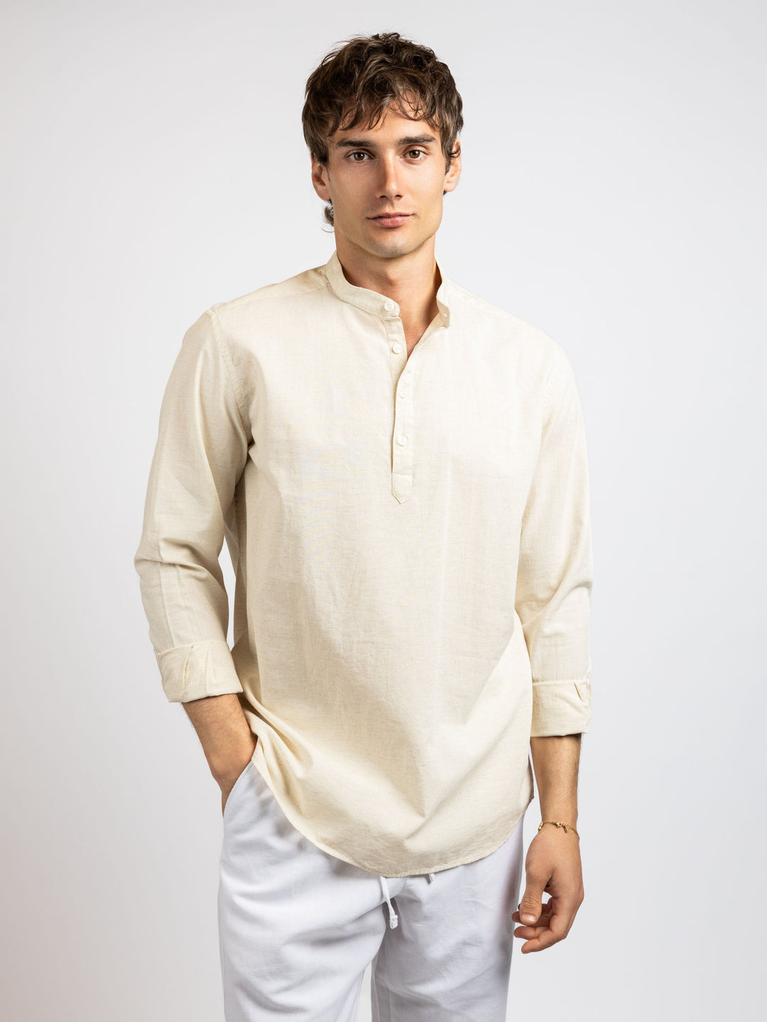 Zhivago Men Men Linen Shirt Beige / S Half Buttoned Linen Shirt