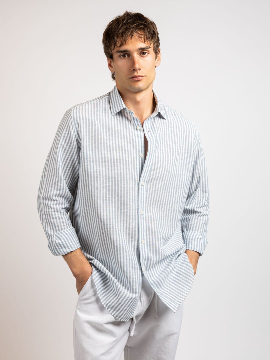 Zhivago Men Men Linen Shirt Blue / S Striped Linen Shirt