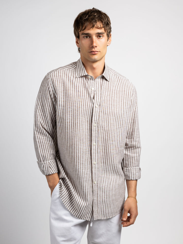 Zhivago Men Men Linen Shirt Brown / S Striped Linen Shirt