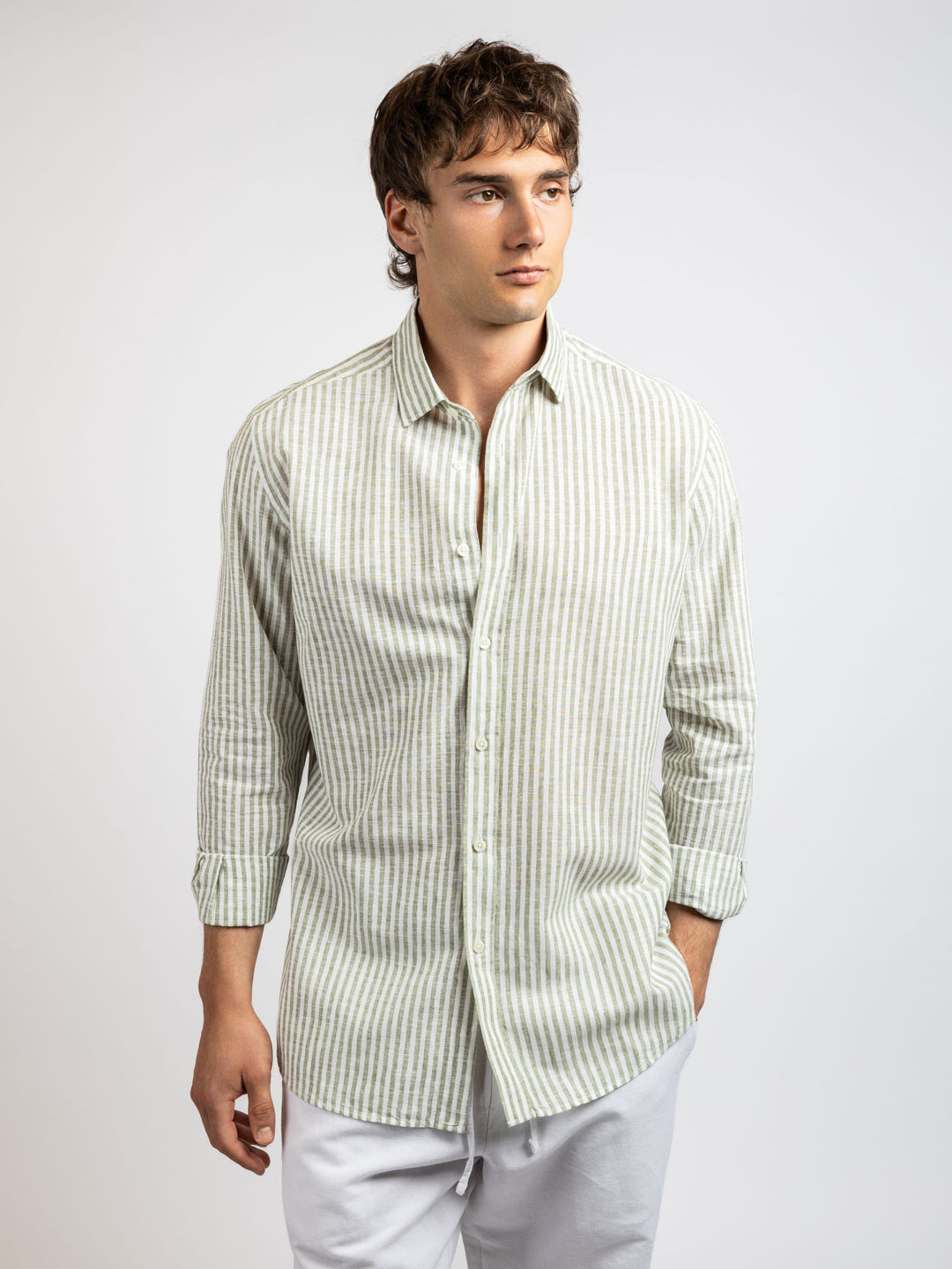 Zhivago Men Men Linen Shirt Green / S Striped Linen Shirt