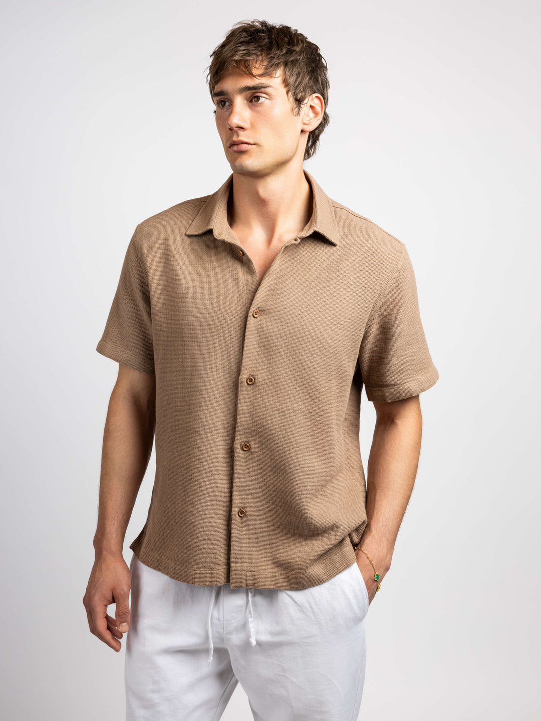 Zhivago Men Men Linen Shirt Mocha / S Textured Buttoned Knit Shirt