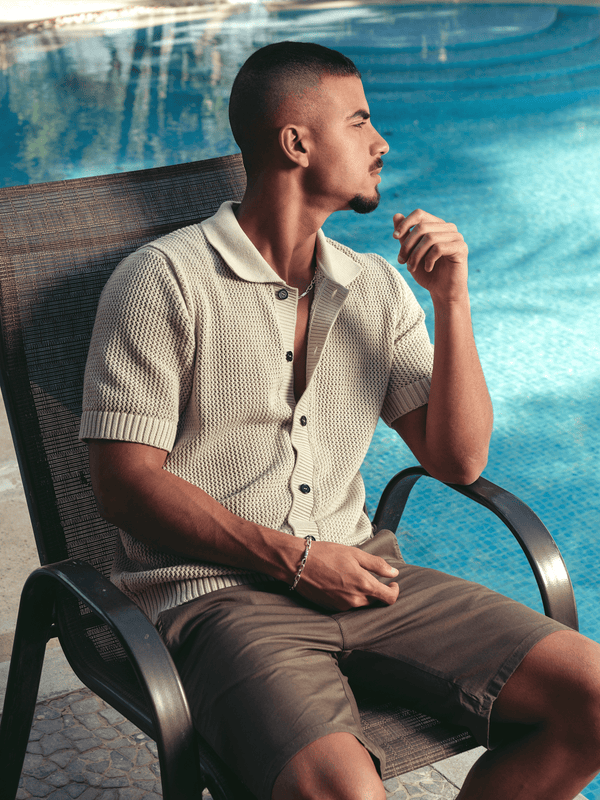 Zhivago Men Men Polo Shirt Beige Open Knit Buttoned Shirt