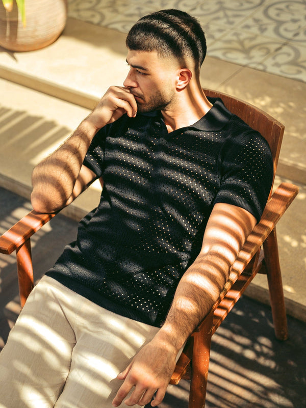 Zhivago Men Men Polo Shirt Black Crochet Polo Shirt