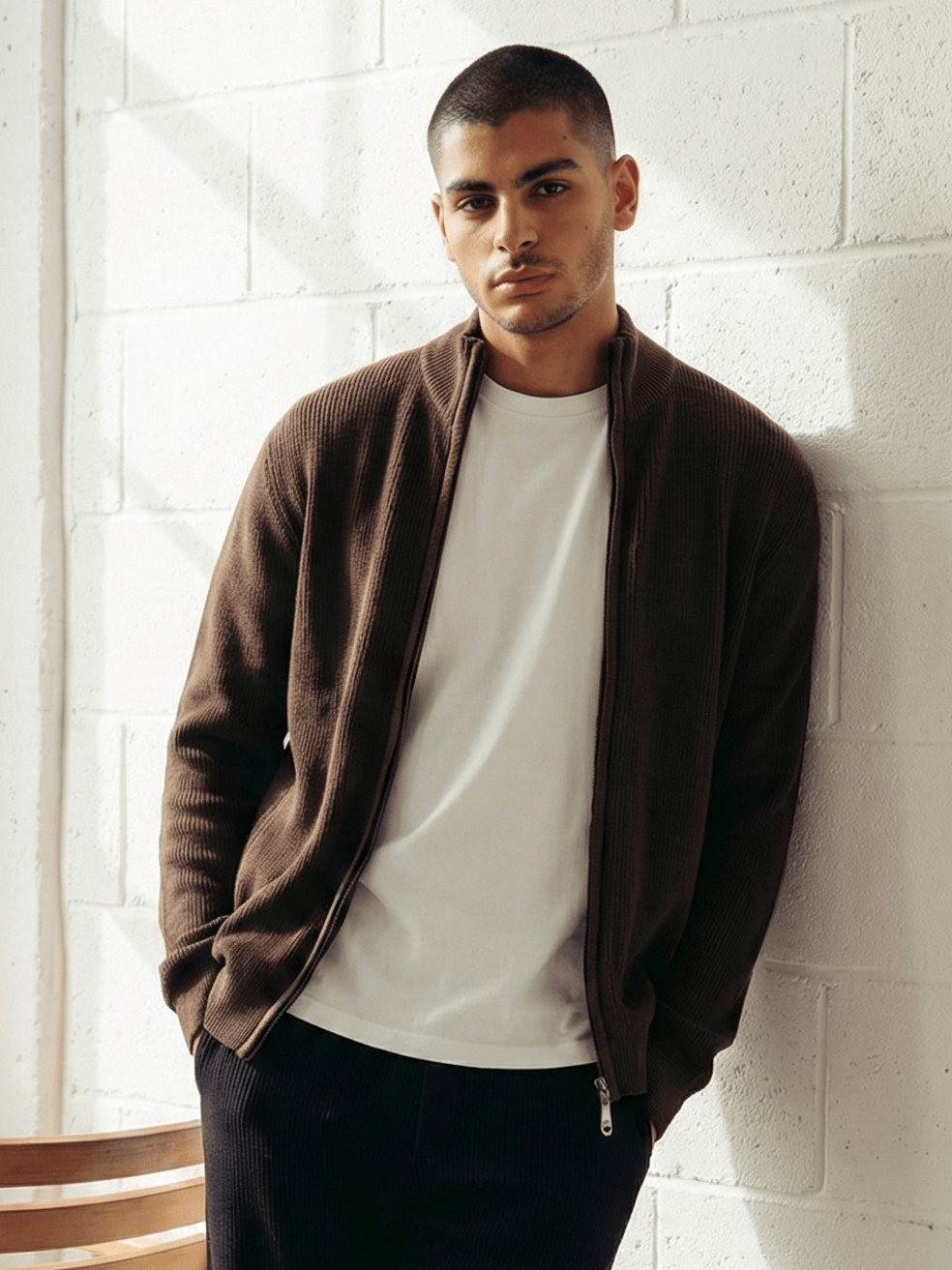 Zhivago Men Quarter-Zip Knit Sweater Brown Full-Zip Knit Sweater