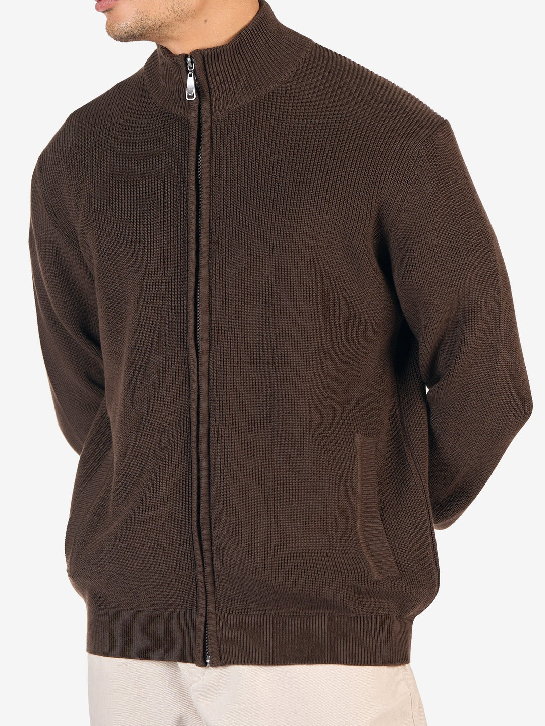 Zhivago Men Quarter-Zip Knit Sweater Brown Full-Zip Knit Sweater