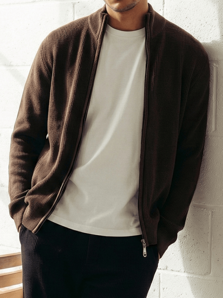 Zhivago Men Quarter-Zip Knit Sweater Brown Full-Zip Knit Sweater