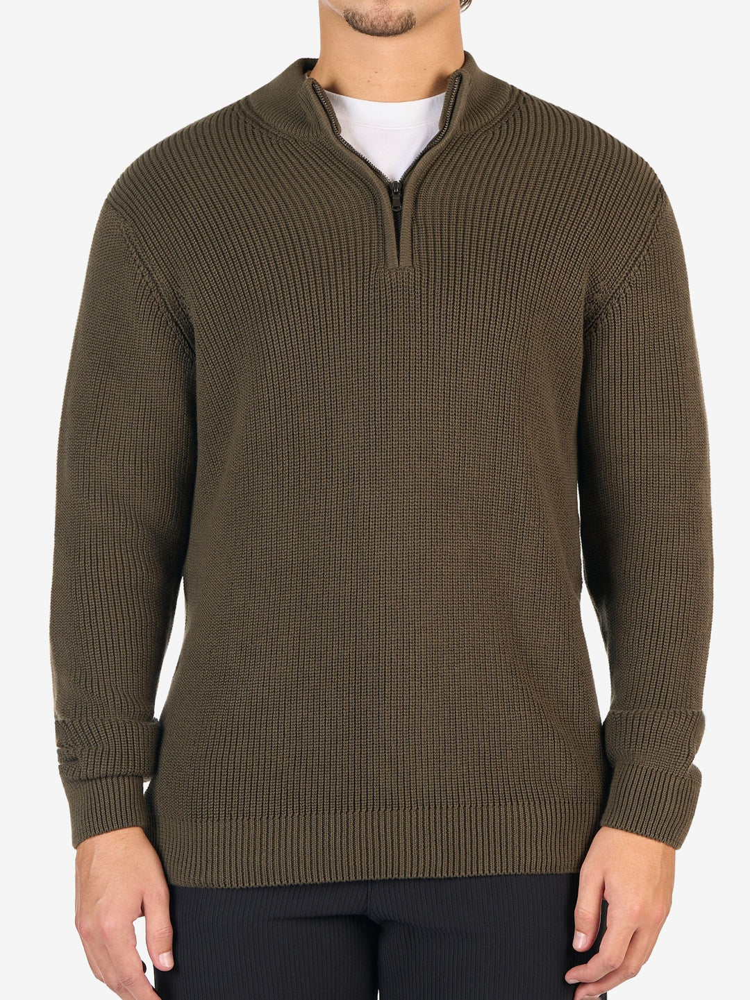 Zhivago Men Quarter-Zip Knit Sweater Olive Green Quarter-Zip Knit Sweater