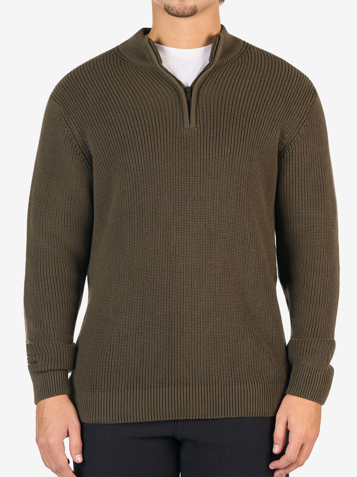 Zhivago Men Quarter-Zip Knit Sweater Olive Green Quarter-Zip Knit Sweater