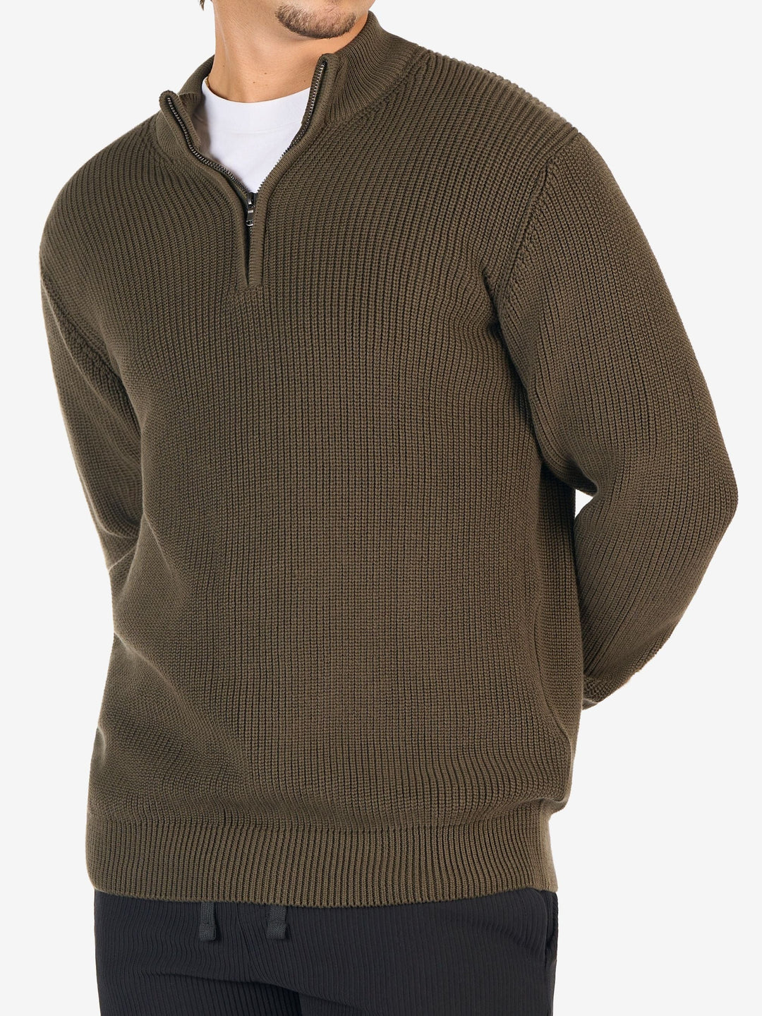 Zhivago Men Quarter-Zip Knit Sweater Olive Green Quarter-Zip Knit Sweater