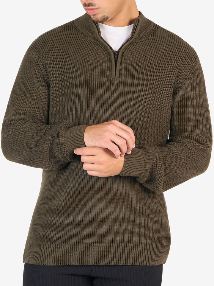 Zhivago Men Quarter-Zip Knit Sweater Olive Green Quarter-Zip Knit Sweater